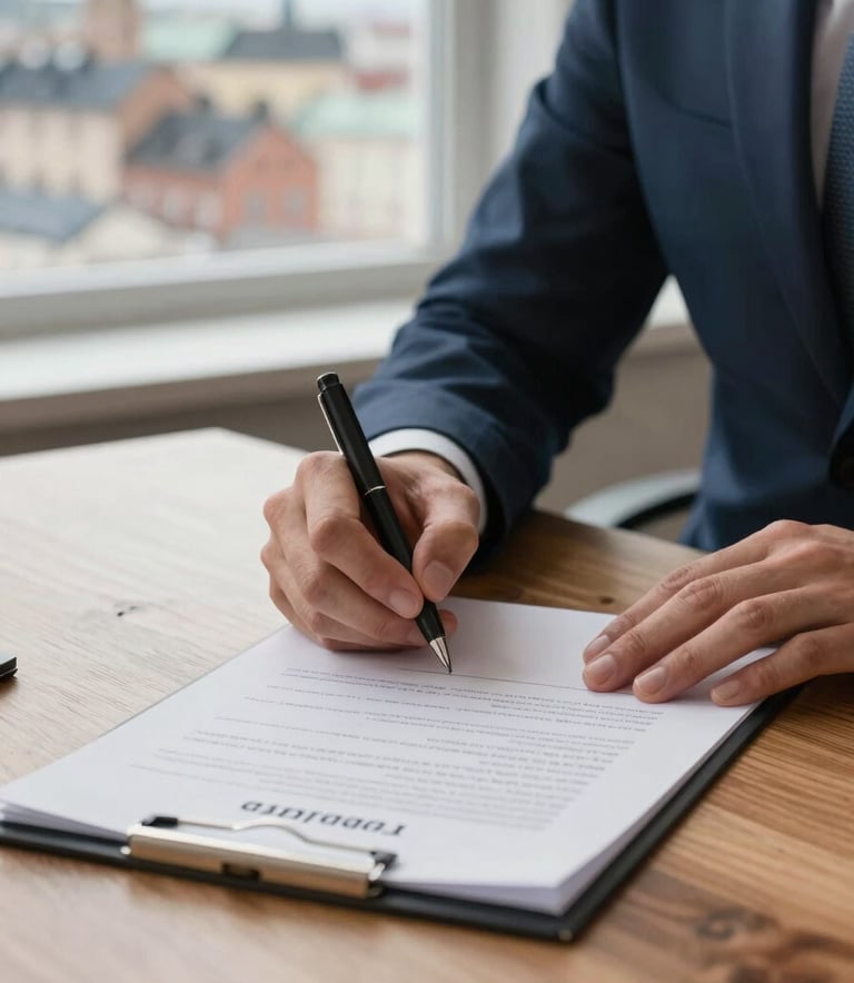 A close-up photograph of a professional real estate agreement being signed on a sleek wooden table, natural light from a window showing a Northern European city background, soft medium blue and off-white tones.