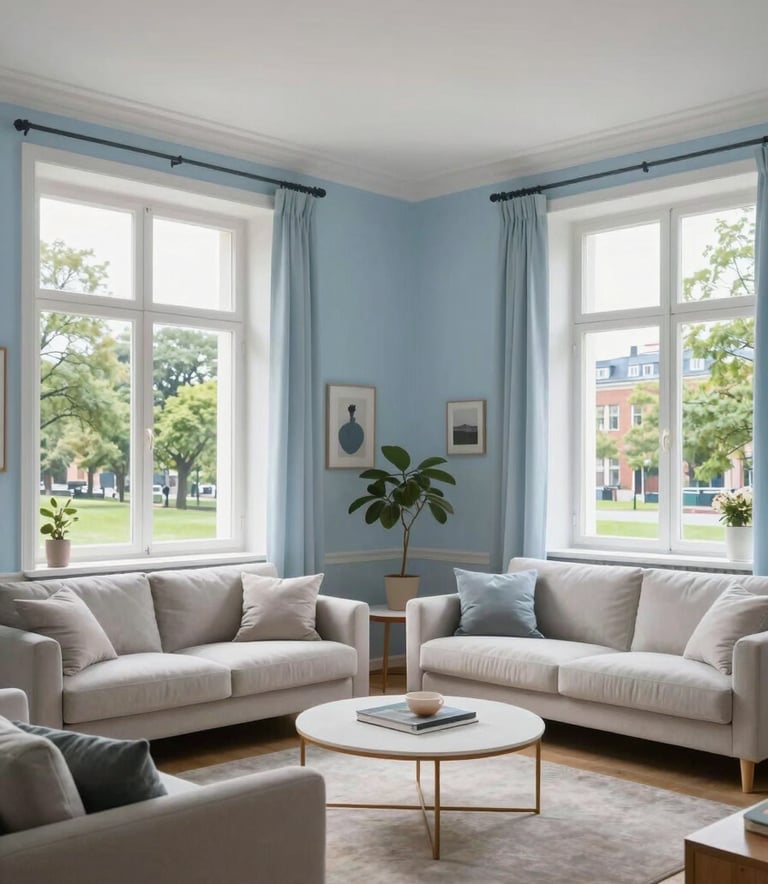 A bright and airy Scandinavian-style living room in a Northern European apartment, high ceilings, minimalist furniture, large windows overlooking a city park, palette of light blue and off-white.