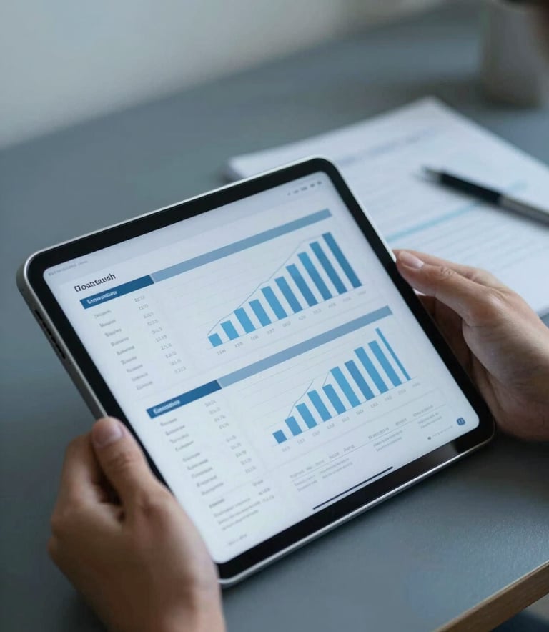 A close-up of a person using a high-end tablet to review financial documents in a minimalist Southeast Asian / Thai workspace, Dark Navy Blue and Soft Sky Blue color accents.