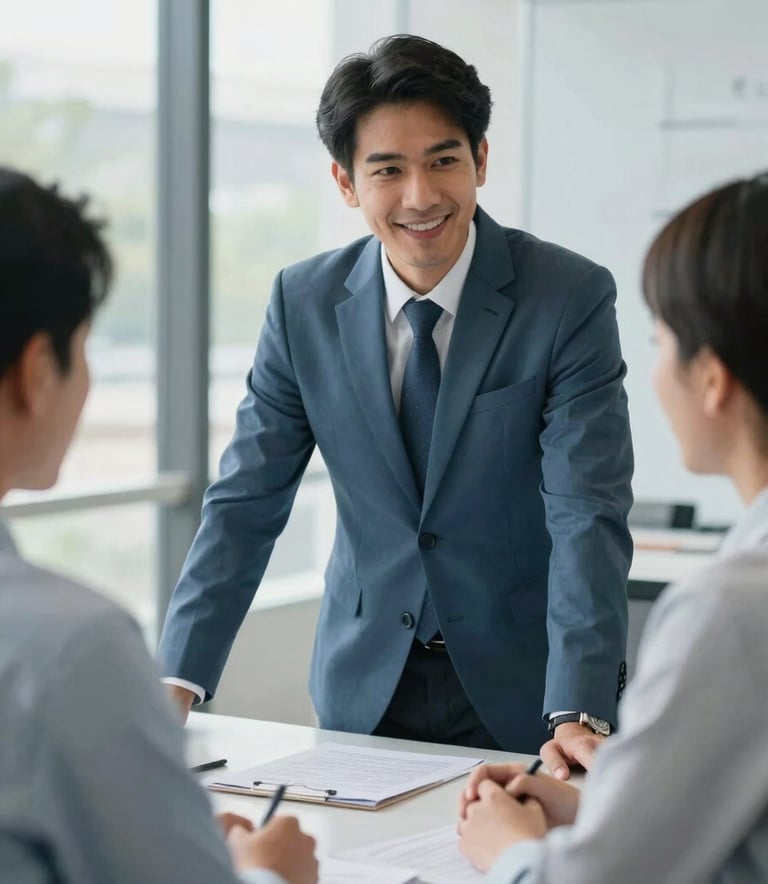 A professional insurance consultant in a Southeast Asian / Thai corporate setting talking warmly to a client, bright and airy office, sophisticated atmosphere, palette including Slate Blue and Mist White.