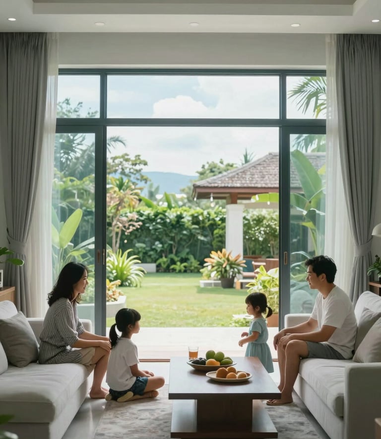 A serene view of a modern Southeast Asian / Thai family living room with large windows overlooking a lush garden, bright Soft Sky Blue and White Mist interior design, professional photography style, sharp focus.