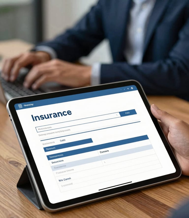 A close-up of a digital tablet showing a clean insurance policy interface on a wooden desk, with a professional in a Southeast Asian / Thai office setting in the blurred background, natural lighting, featuring Deep Blue and Soft Steel Blue color accents.