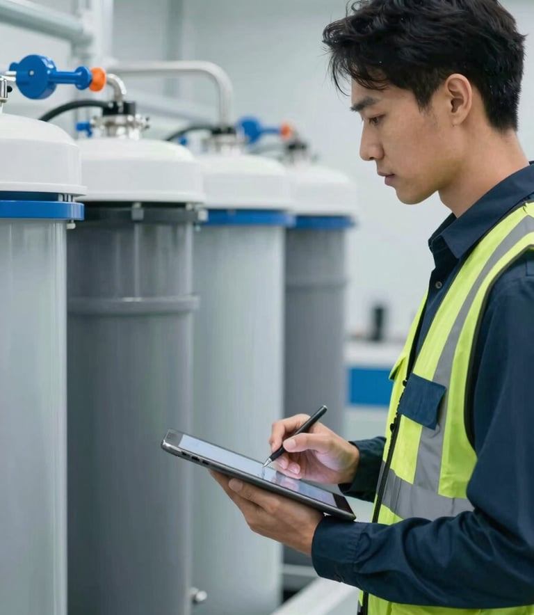 A close-up of a professional environmental consultant wearing a safety vest and carrying a tablet, inspecting a modern water filtration system in an industrial setting. Sharp focus, clean professional lighting, incorporating the colors #1A2D2A and #A8C6B1 to reflect expertise and reliability.