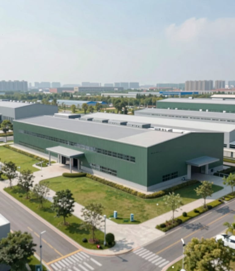 Wide shot of a modern, clean industrial facility integrated with a green area, bright daylight, professional atmosphere. The architecture is sleek and sustainable, with tones of #3C6B5E and #F7F9F6 subtly integrated into the design.