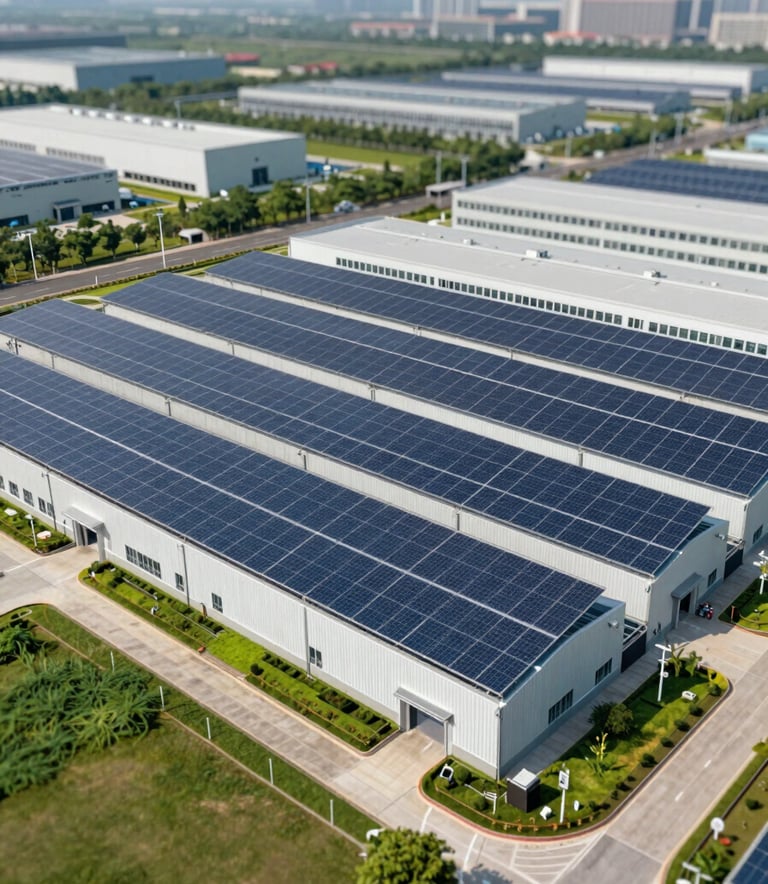 A wide-angle shot of a clean, modern industrial plant with solar panels and green spaces, reflecting high standards and innovation, featuring tones of #3C6B5E.