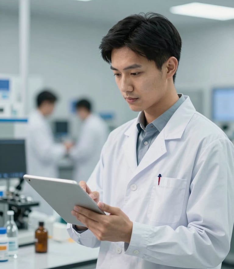 A focused environmental engineer using a tablet in a modern, brightly lit industrial research facility, professional and clean atmosphere with #3C6B5E accents.