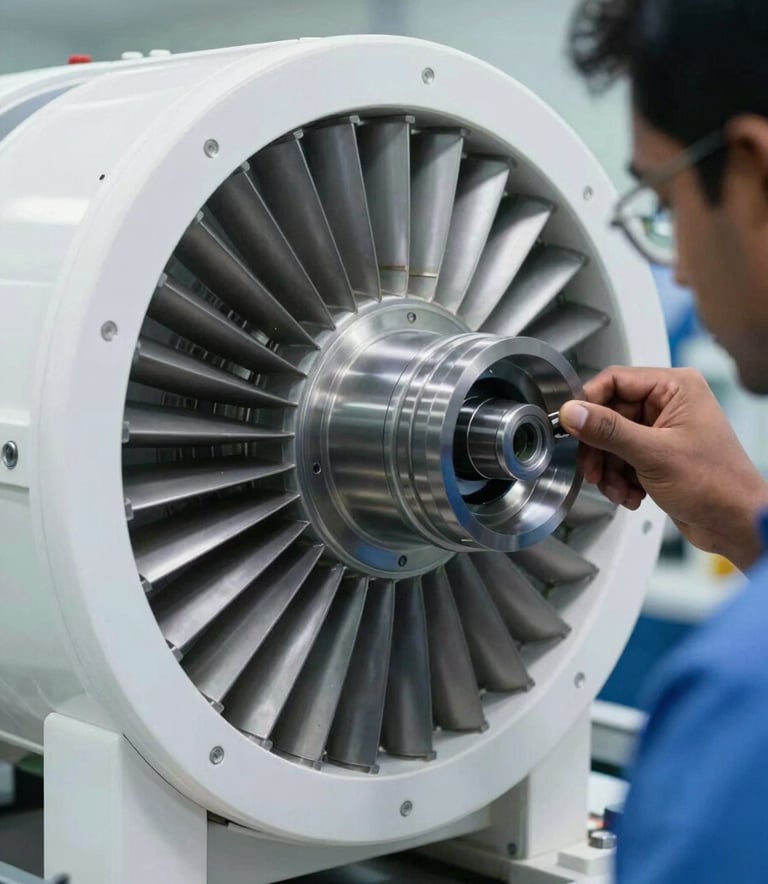 A detailed close-up of a high-tech turbine component being inspected by a technician in a South Asian / Indian manufacturing facility. The composition is clean and modern, emphasizing precision and technical expertise using a cloud white and muted steel blue palette.