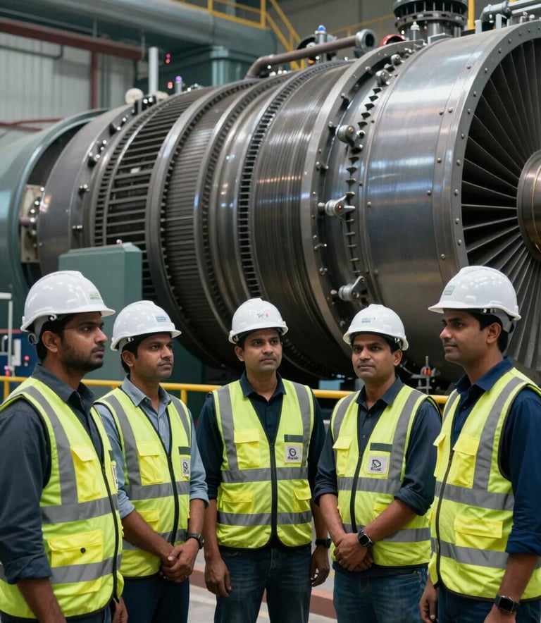 A group of skilled technical professionals in a South Asian / Indian power plant setting, wearing high-visibility vests and safety helmets. They are standing before a massive industrial turbine, looking authoritative and reliable. The lighting is sharp and professional, with a palette featuring Dark Midnight Navy and Deep Slate Blue tones.