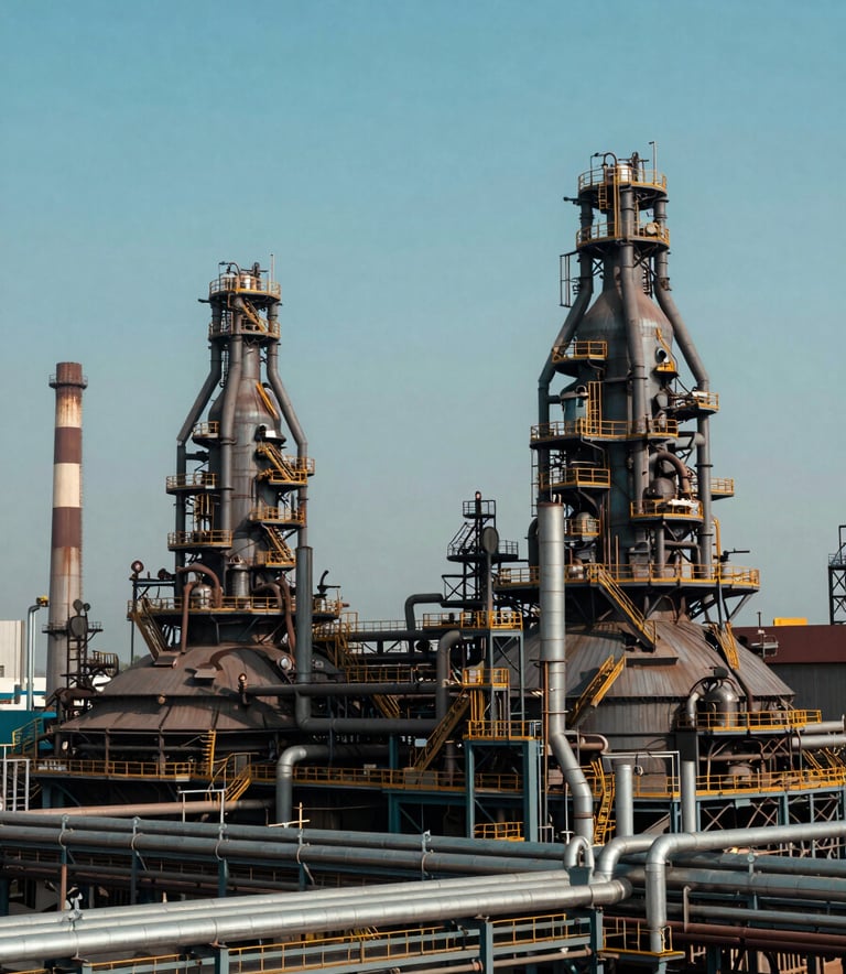 A panoramic wide shot of a massive industrial steel plant in a South Asian / Indian industrial region, featuring large smokestacks and piping under a clear sky. The scene is dominated by muted steel blue and deep charcoal teal colors, exuding industrial strength and efficiency.