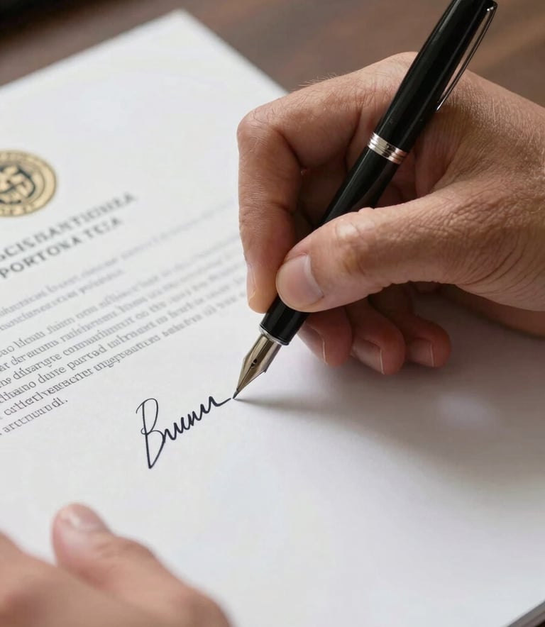 Detailed close-up of a hand in professional Hispanic business attire signing an official government document with a fountain pen, focus on the signature and legal seal.