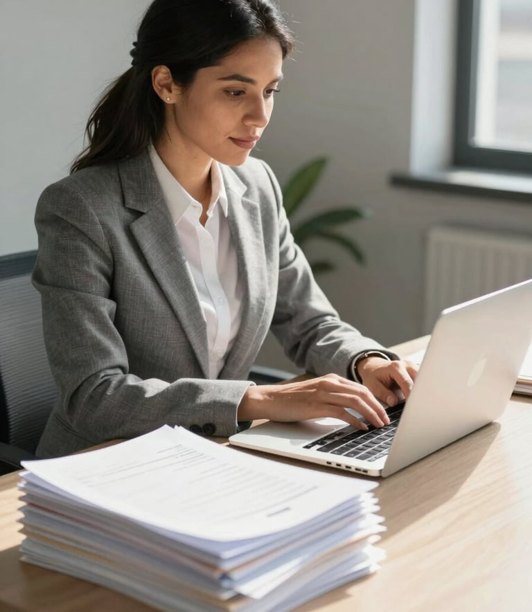 A Hispanic professional woman in a grey suit working on a laptop in a sunlit office, with stacks of legal files organized neatly on her desk, emphasizing efficiency.