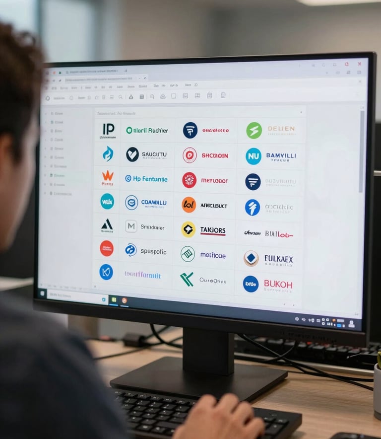 A computer screen showing a complex database with various logos and trademark classifications, in a modern office with Hispanic professional context, shallow depth of field.