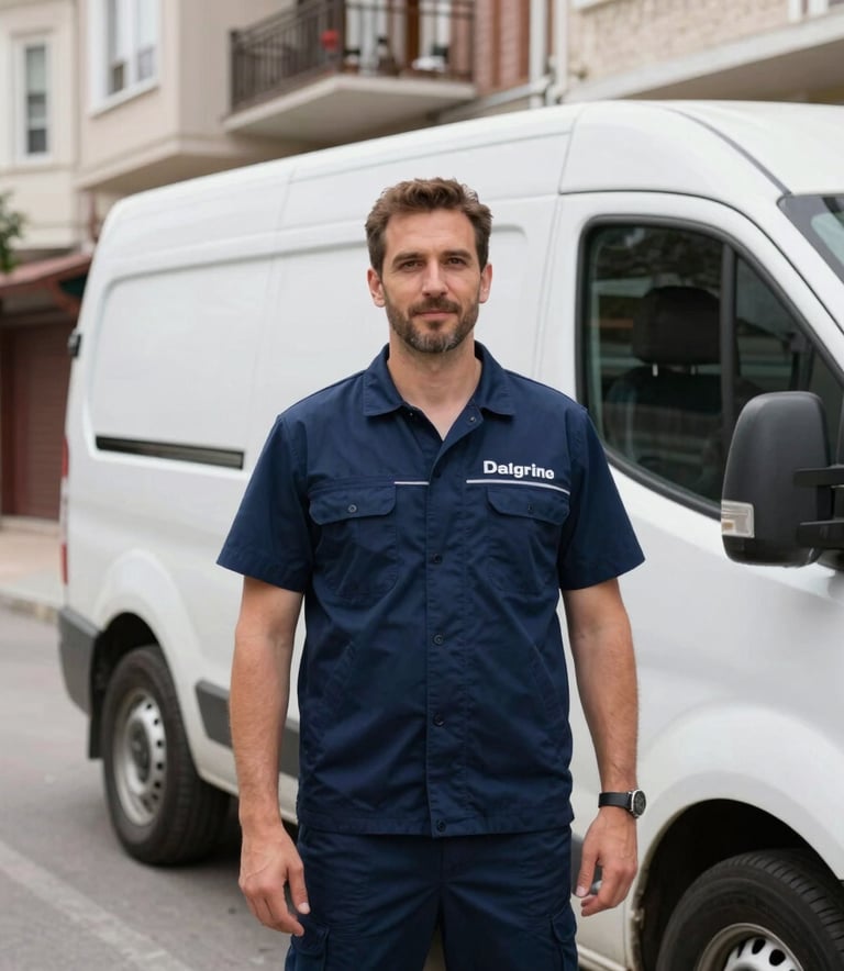 A professional technician in a clean navy blue uniform standing proudly next to a white service van. The background shows a residential street in Istanbul Anatolian Side during the day. The scene is bright and instills confidence.