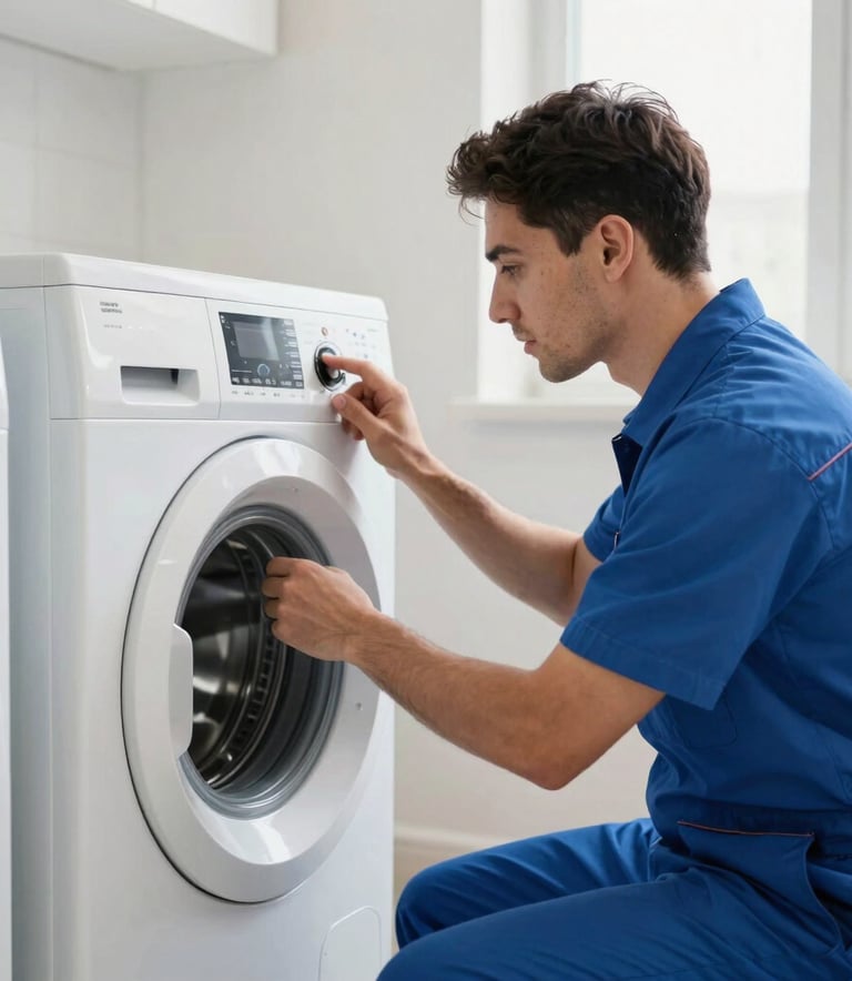 A professional service technician in a neat blue uniform inspecting a modern digital control panel of a washing machine in a bright Turkish home laundry room, Istanbul Anatolian Side, sharp focus, natural lighting.
