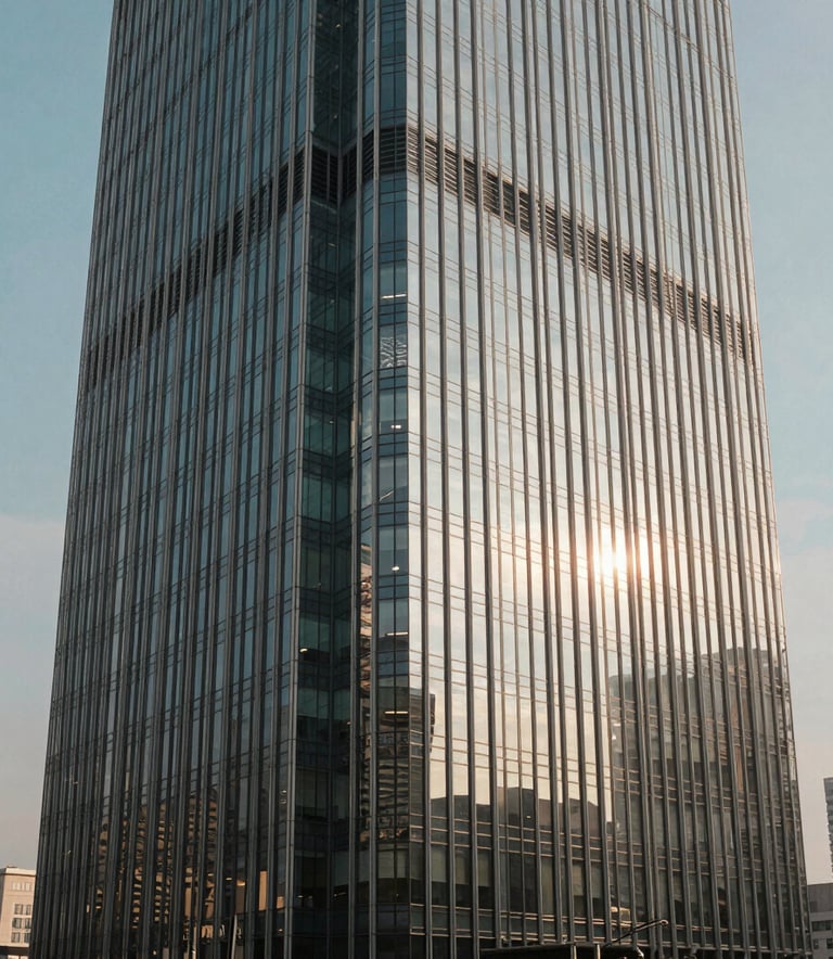 A high-angle architectural photograph of a modern glass skyscraper in an international business district, reflecting a clear sky with soft medium blue and off-white tones, emphasizing scale and global reach.