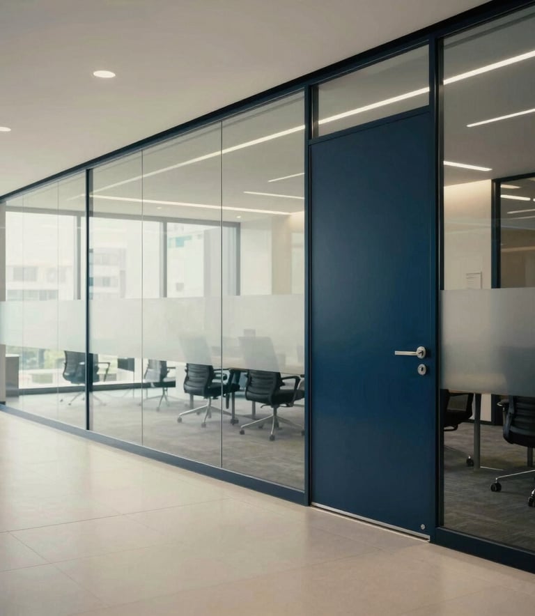 A clean, eye-level photograph of a modern office interior with glass partitions, reflecting a sophisticated and professional atmosphere with a color scheme of off-white and dark blue.