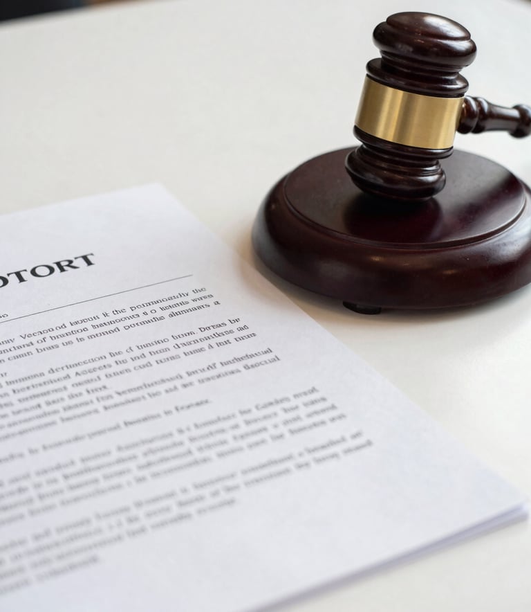 A close-up, high-detail photograph of a formal legal contract and a dark wood gavel on a stark white desk, reflecting a professional West African legal environment with sharp, focused lighting.