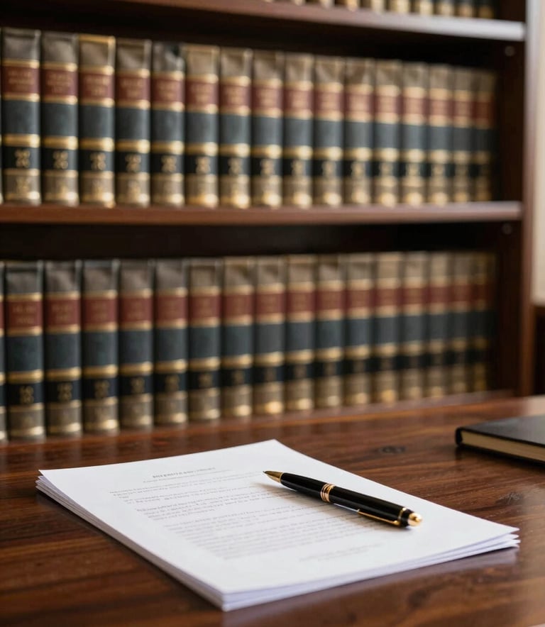 A sharp-focus photograph of a formal legal library in a West African setting. Rows of leather-bound law books in dark charcoal and light gold trim line the shelves. A heavy mahogany desk in the foreground holds a stark white legal document and an elegant pen, lit by soft, warm professional lighting.