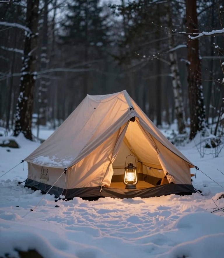 A professional shot of a traditional canvas tent illuminated from within by a warm lantern, pitched in a snowy clearing surrounded by dark forest trees (#2A362B). The lighting is warm and inviting against the cold exterior.