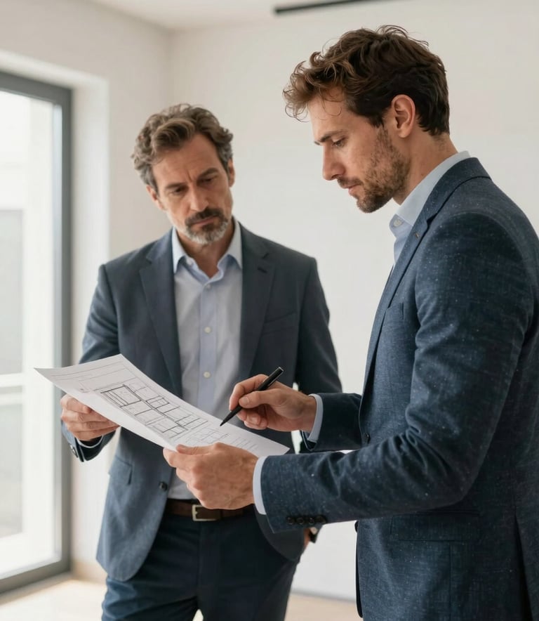 A professional construction expert in smart casual Southern European attire reviewing architectural plans in a bright, modern interior in Vicenza. The atmosphere is professional and sophisticated, with slate blue and off-white accents.