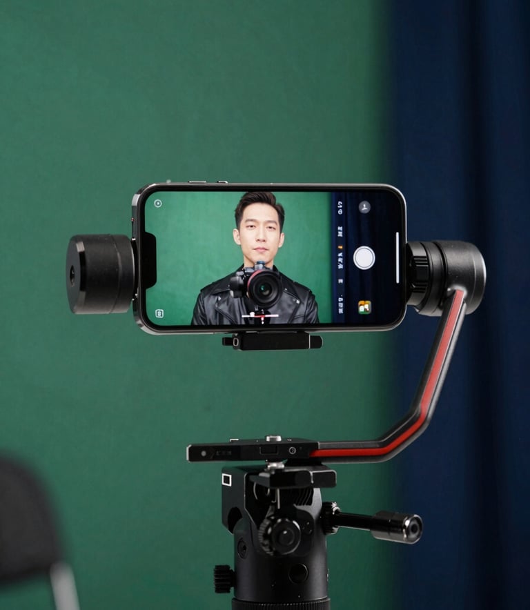 A close-up of a high-end smartphone on a gimbal being used to film an authentic testimonial video in a professional studio with soft emerald green lighting and deep navy blue accents.