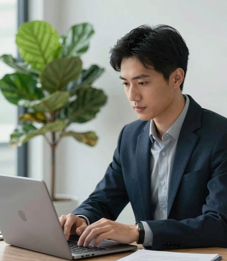 A professional digital marketer working on a sleek laptop in a bright, modern office space. An emerald green plant is visible in the background, symbolizing growth and innovation.