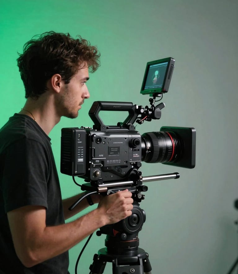A professional videographer in a sleek studio setting, using a high-end cinema camera to film a testimonial. The lighting is sophisticated with vibrant emerald green and soft cloud grey backlighting, creating a results-driven, cinematic atmosphere.