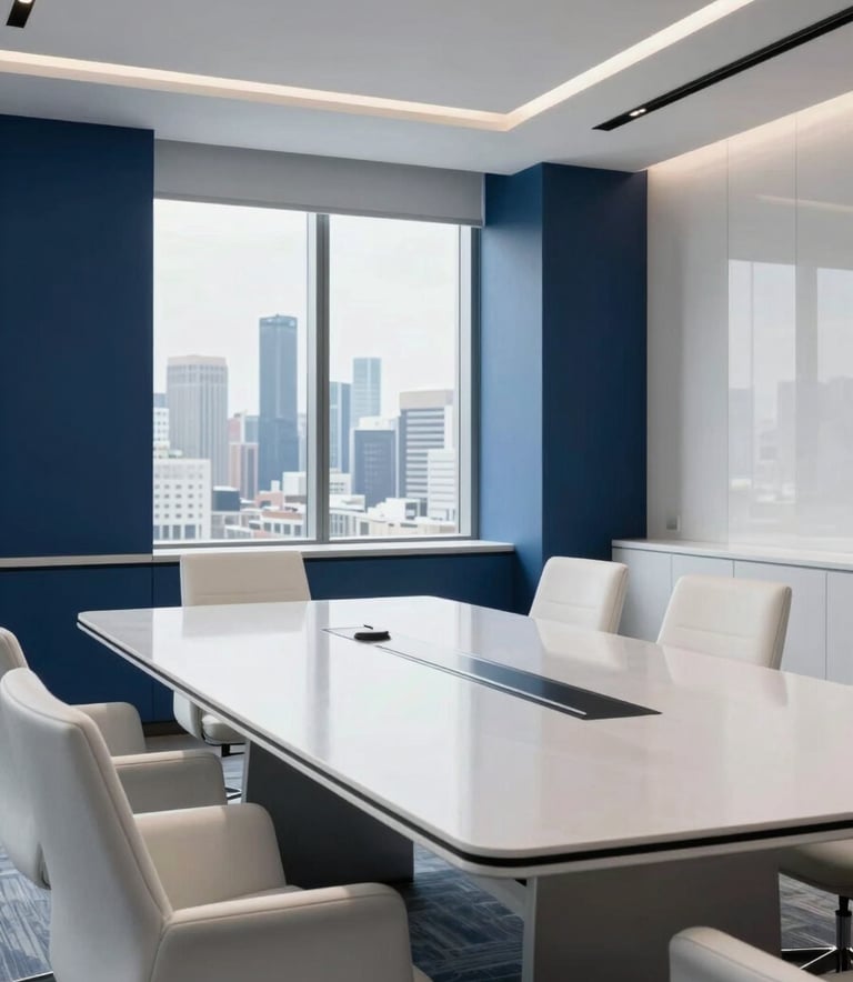 A high-end, modern corporate boardroom with a large polished table. In the background, a large window overlooks a city skyline. The room is decorated with deep navy blue accents and features crisp white minimalist furniture under bright, natural daylight.