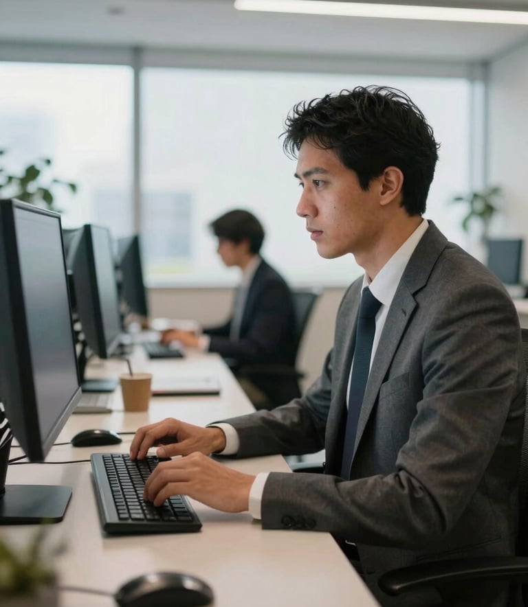 A professional in business attire working at a modern multi-monitor workstation in a bright, high-tech Brazilian office environment, soft natural lighting.