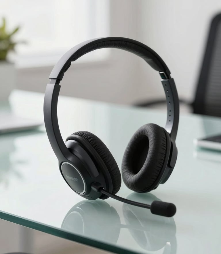 A close-up of a high-quality professional headset resting on a minimalist glass desk in a bright, modern Brazilian office.