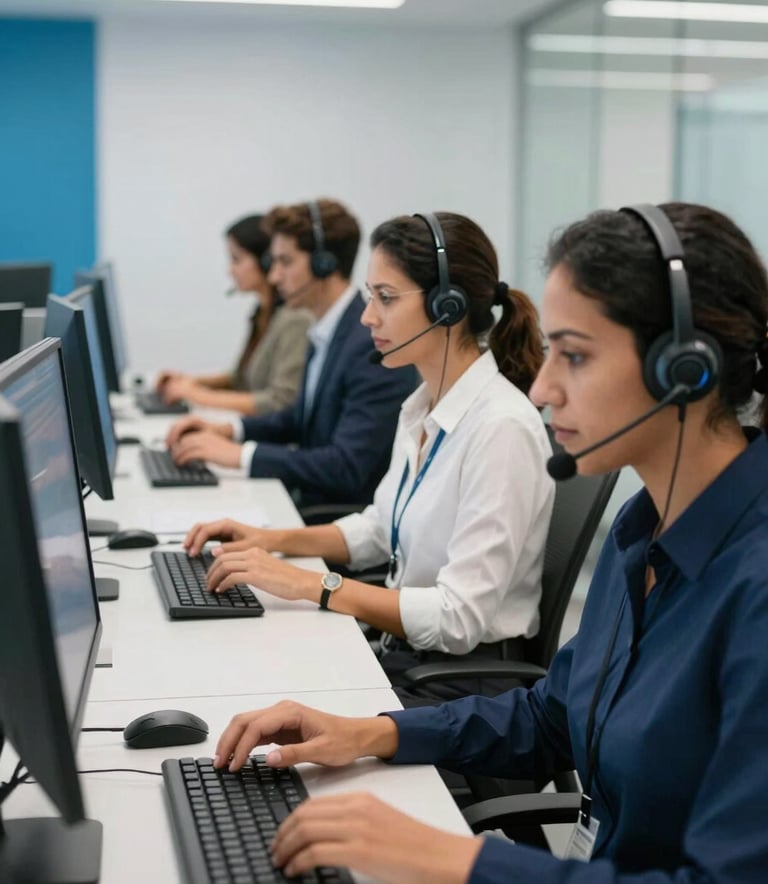 A high-tech, modern call center in a Brazilian office building. Diverse South American professionals wearing headsets are focused on their screens. The lighting is clean and bright with hints of Sky Blue and Navy Blue in the decor. Professional atmosphere.