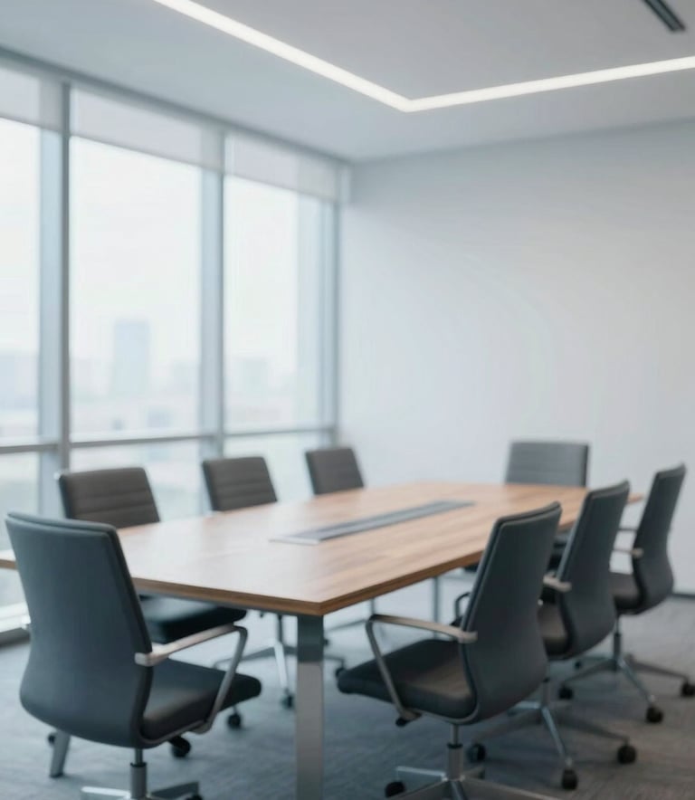 A clean, minimalist corporate meeting room with large windows, focused on a sleek wooden table and ergonomic chairs, lighting is bright and natural, incorporating #F7FAFC and #A0AEC0 tones.