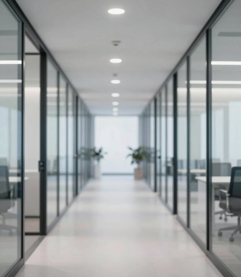 A wide shot of a clean, minimalist modern office corridor with glass walls and professional decor. The lighting is bright and even. The style is professional and efficient, incorporating brand colors like #F7FAFC and #4A5568.