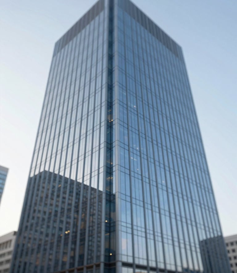 A wide shot of a modern glass skyscraper reflecting a clear sky, clean architectural lines, professional atmosphere, incorporating palette colors #A0AEC0 and #4A5568.