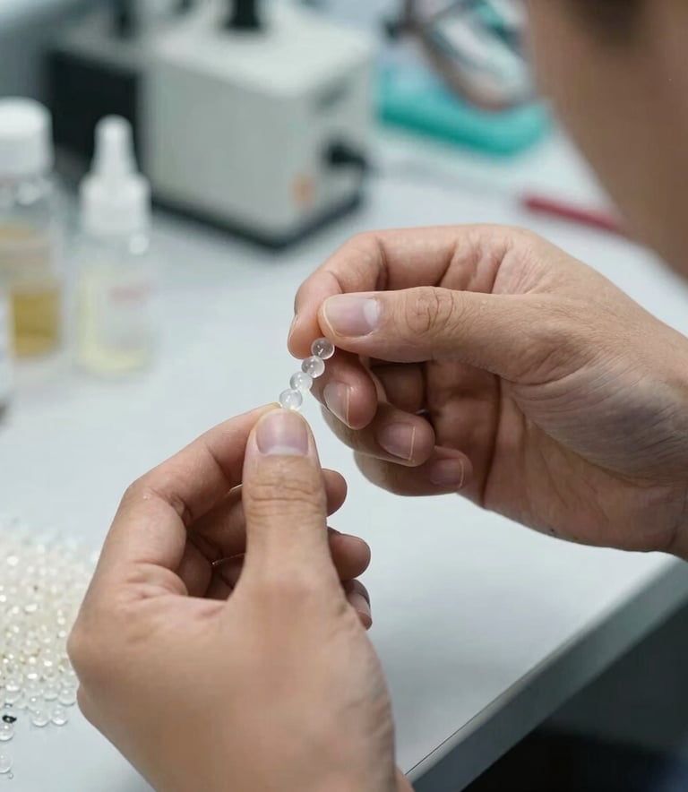 A close-up shot of professional hands in a technical agency setting in Europe, inspecting the quality and clarity of premium silica gel beads. The lighting is bright and clean, emphasizing a mood of reliability and technical expertise.