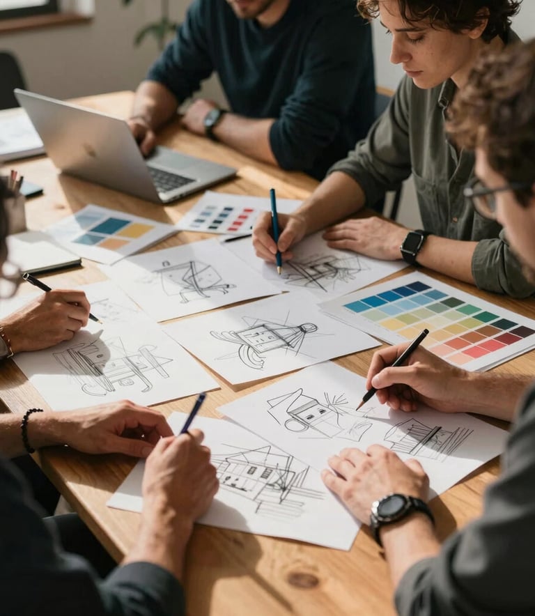 A creative agency team in Lisbon, planning content strategy around a large wooden table with sketches and color palettes, warm sunlight, Portuguese-speaking / European context.