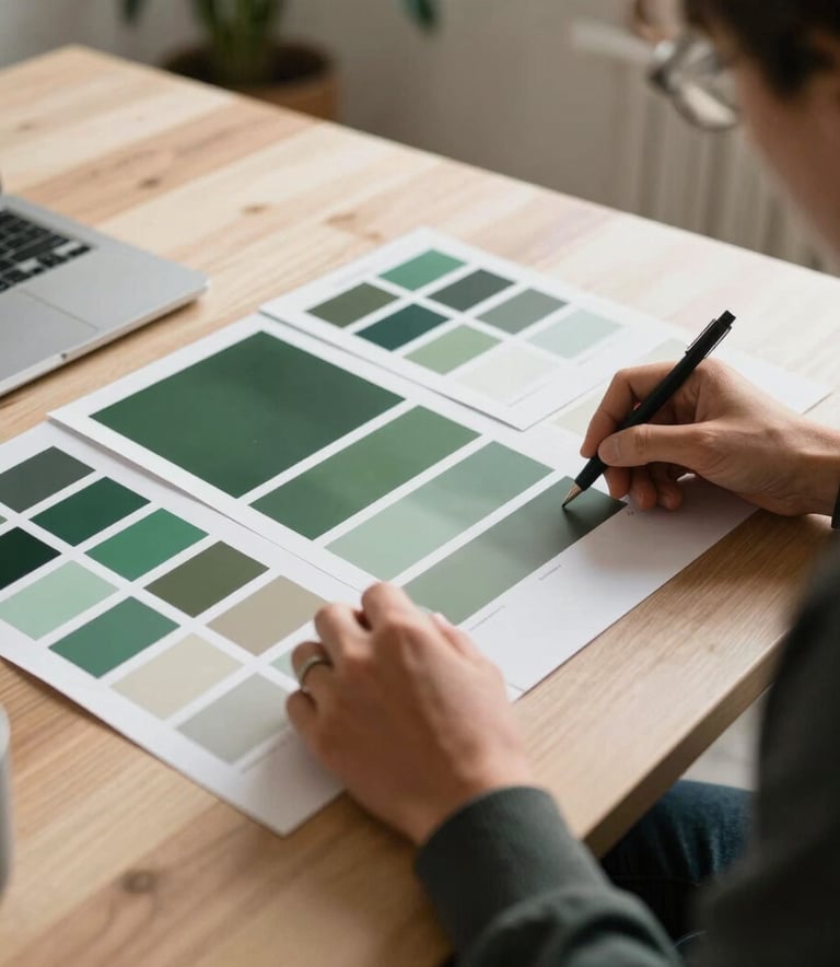 A candid, professional photograph of a person in a stylish Portuguese agency office planning social media content. They are reviewing creative mood boards with matte forest green and sand color swatches on a light oak desk. Soft, natural morning light creates a sophisticated atmosphere.