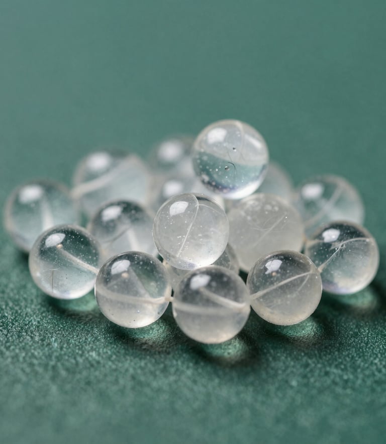 A close-up macro photograph of clear and pure silica gel beads resting on a matte forest green surface, soft professional lighting emphasizing transparency and technical precision.