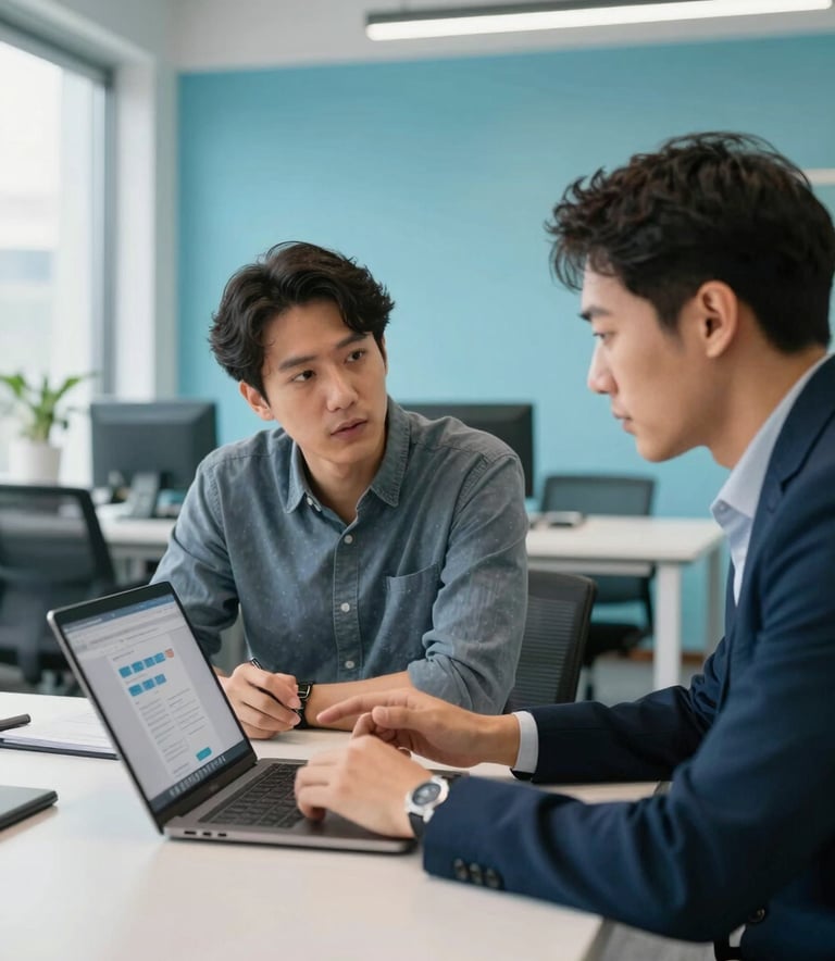 A collaborative meeting in a bright North American / US office space where two professionals discuss website strategy over a laptop, featuring sea blue decor.