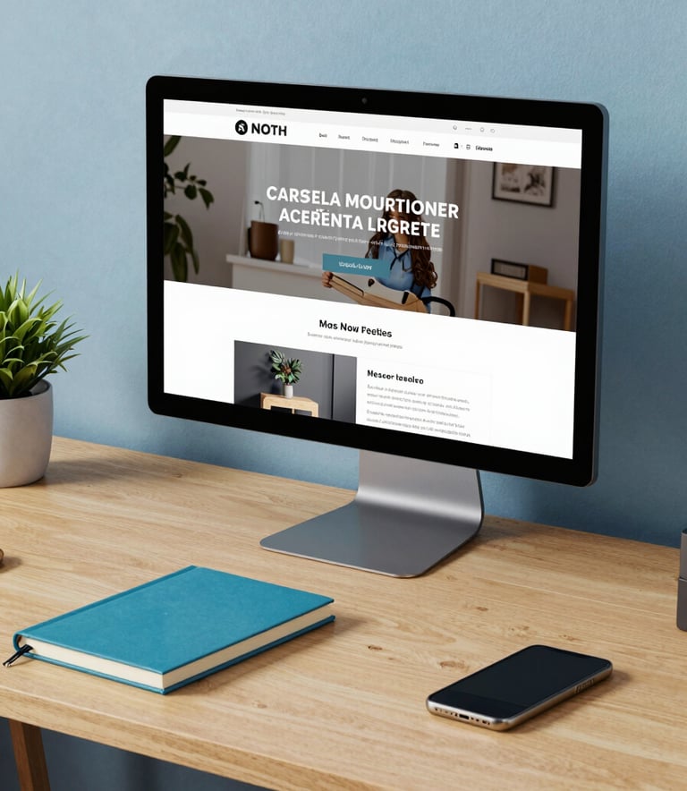A clean, organized North American / US home office desk featuring a high-end monitor showing a sleek website design, sea blue notebook, and a sky blue wall background.