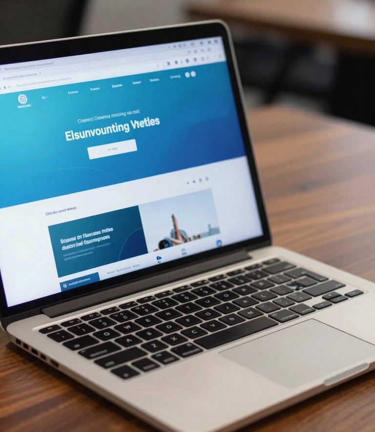 Close-up of a high-end laptop on a polished wooden desk in a North American / US corporate setting. The screen displays a vibrant, responsive website with Muted Ocean Blue and Sky Blue colors. Professional, soft ambient lighting.