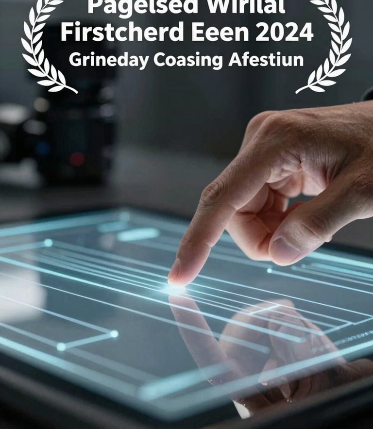 A close-up photograph of a hand interacting with a sleek, holographic glass interface featuring pale blue-grey glowing lines in a dim, professional setting.