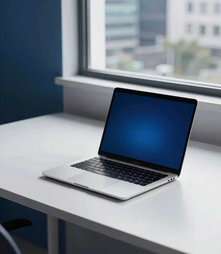 A clean, modern workspace with a thin, metallic laptop showing a glowing blue interface on the screen. The room is decorated in soft frost white and deep navy blue tones, with a large window in the background showing a blurred, professional urban environment.