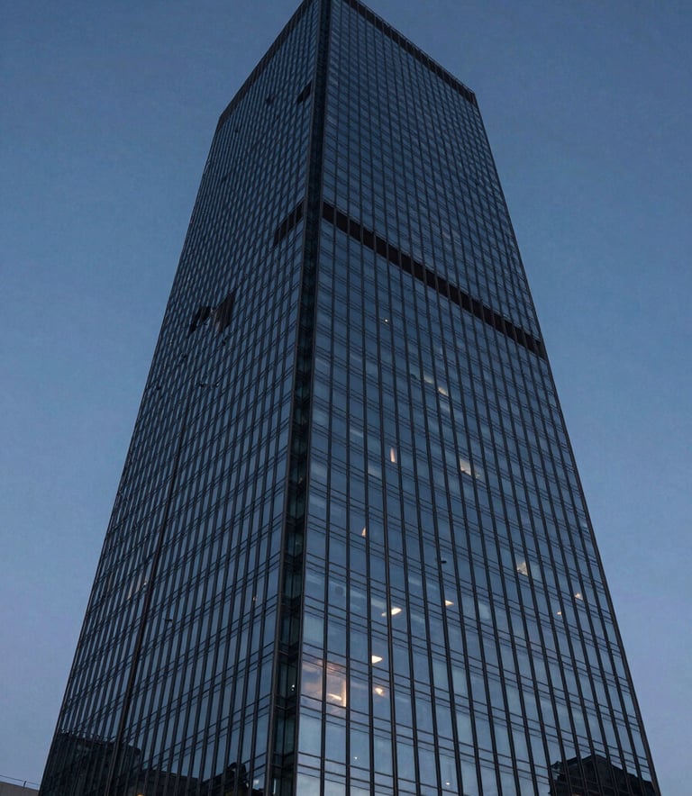 A high-angle architectural shot of a modern glass skyscraper reflecting a deep navy and slate blue sky at twilight, emphasizing professional exclusivity and scale.