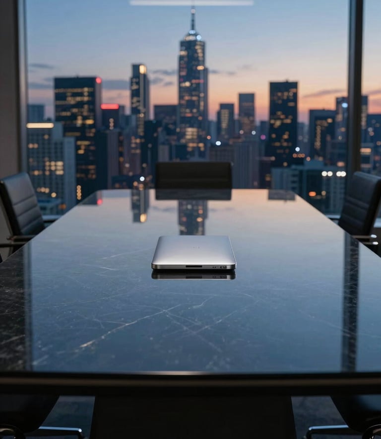 A high-end, minimalist boardroom table made of polished dark slate blue glass, reflecting a digital skyline at dusk. The lighting is soft and focused, creating a sense of exclusive professionalism and quiet intelligence. A single high-tech silver device sits on the table.