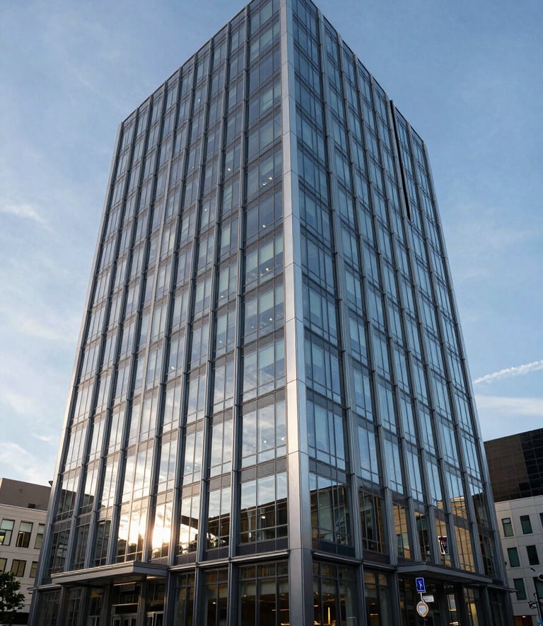 A professional architectural shot of a modern financial headquarters in the Pacific Northwest, US. The building features clean glass and steel lines reflecting a clear sky. The scene conveys reliability and forward-thinking innovation with a sophisticated, premium feel.