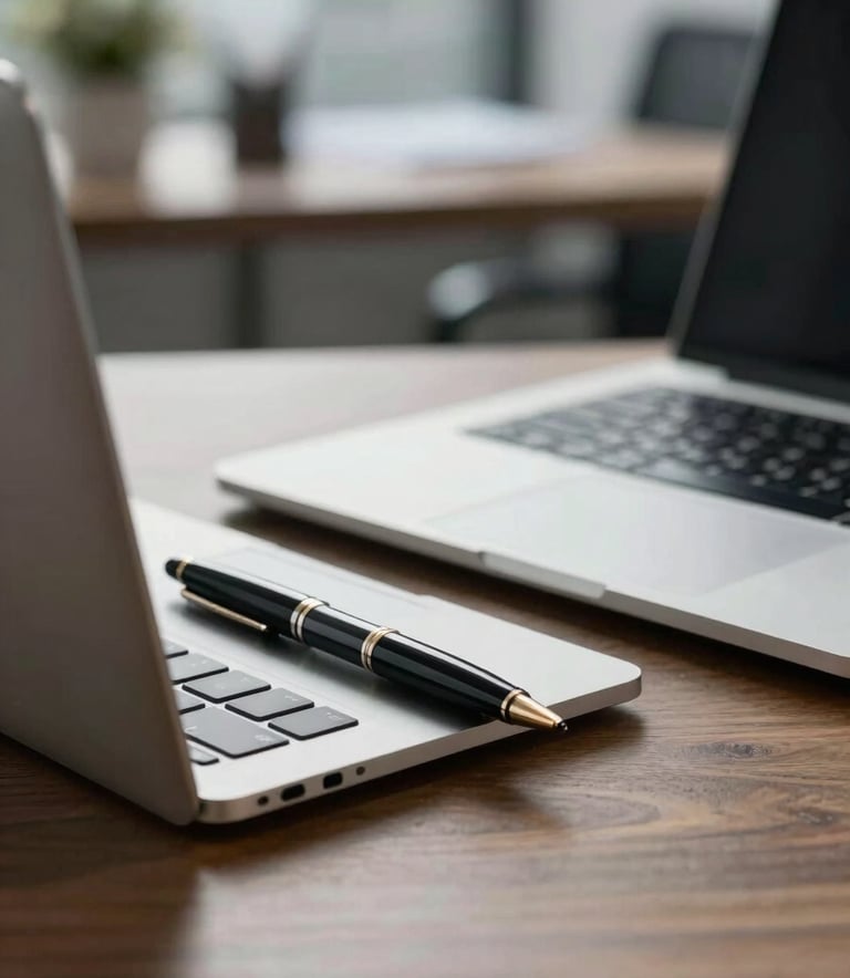 A close-up of a professional desk in a North American office setting. On the desk is a sleek laptop and a high-quality pen, with a blurred background showing a sophisticated workplace, emphasizing precision and reliability.