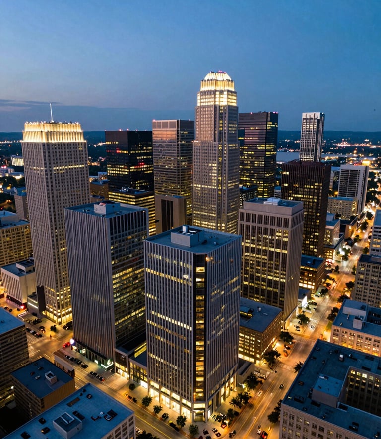 An aerial perspective of a modern North American business district at dusk. The scene is illuminated with steel blue and gold highlights from the buildings, representing growth and financial opportunity.