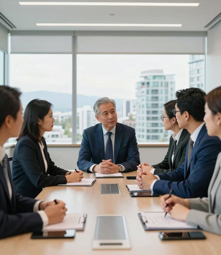 A high-end, bright North American corporate meeting room in Vancouver, Washington. Professionals in sophisticated business attire are engaged in a strategic discussion around a polished table. The lighting is natural and clean, highlighting a professional and innovative atmosphere with a palette of steel blue and off-white.