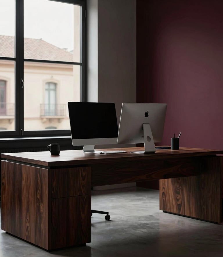 A high-end, minimalist professional studio workspace in Zaragoza with dark oak furniture, a clean desk with a modern computer, and a subtle view of Spanish architecture through the window, captured in elegant low-key lighting with deep burgundy accents.